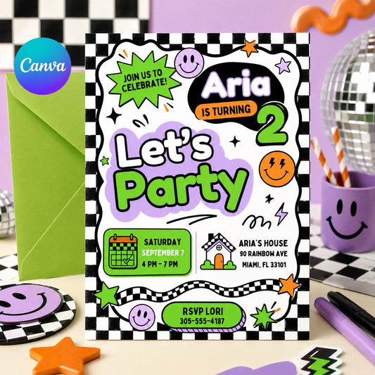 Let's Party Invitation, Bright and Cheerful Party, Pastel Girl Birthday invite, Simple Colorful Birthday Invite, Editable Canva Template __etsy:8078504047