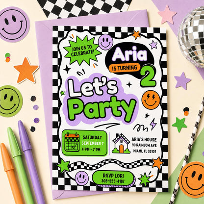 Let's Party Invitation, Bright and Cheerful Party, Pastel Girl Birthday invite, Simple Colorful Birthday Invite, Editable Canva Template __etsy:8030589868