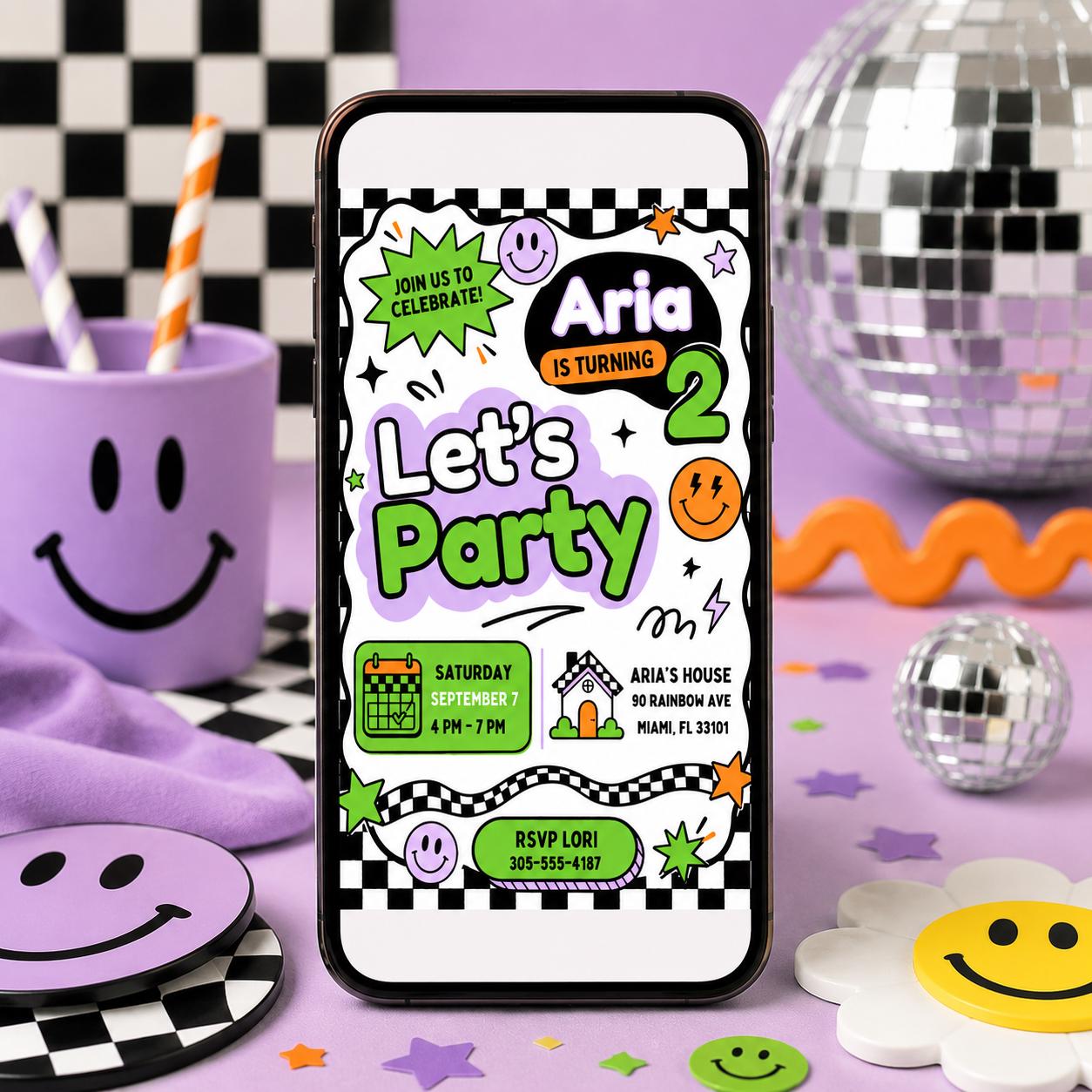 Let's Party Invitation, Bright and Cheerful Party, Pastel Girl Birthday invite, Simple Colorful Birthday Invite, Editable Canva Template __etsy:8078498303