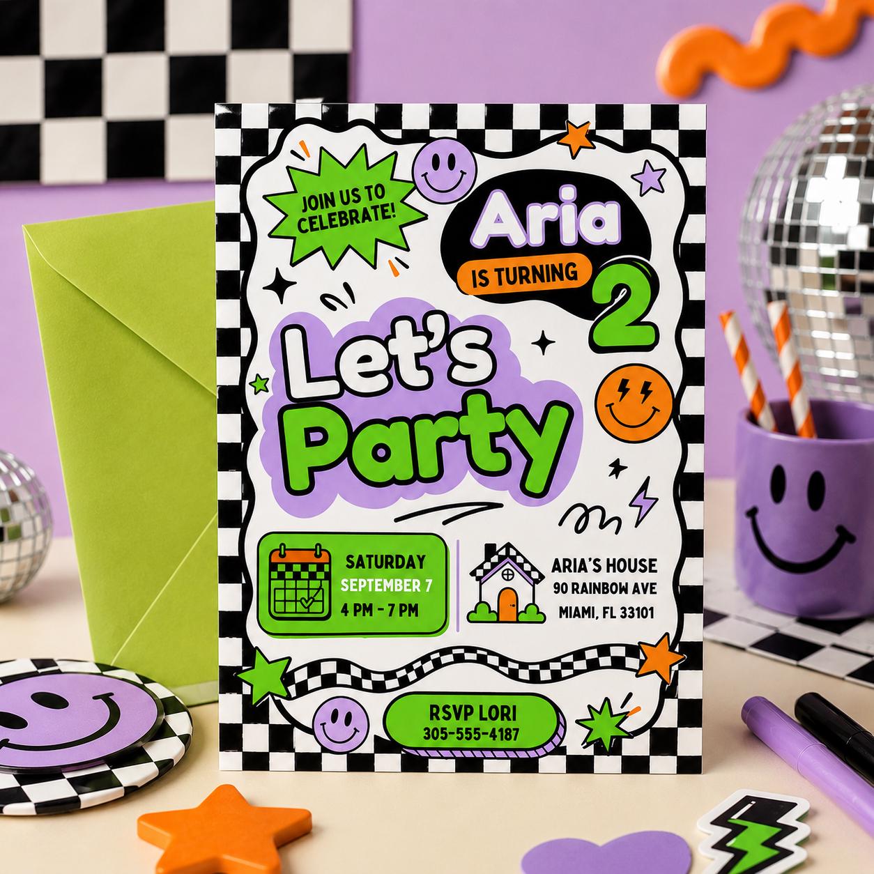 Let's Party Invitation, Bright and Cheerful Party, Pastel Girl Birthday invite, Simple Colorful Birthday Invite, Editable Canva Template __etsy:8030589894