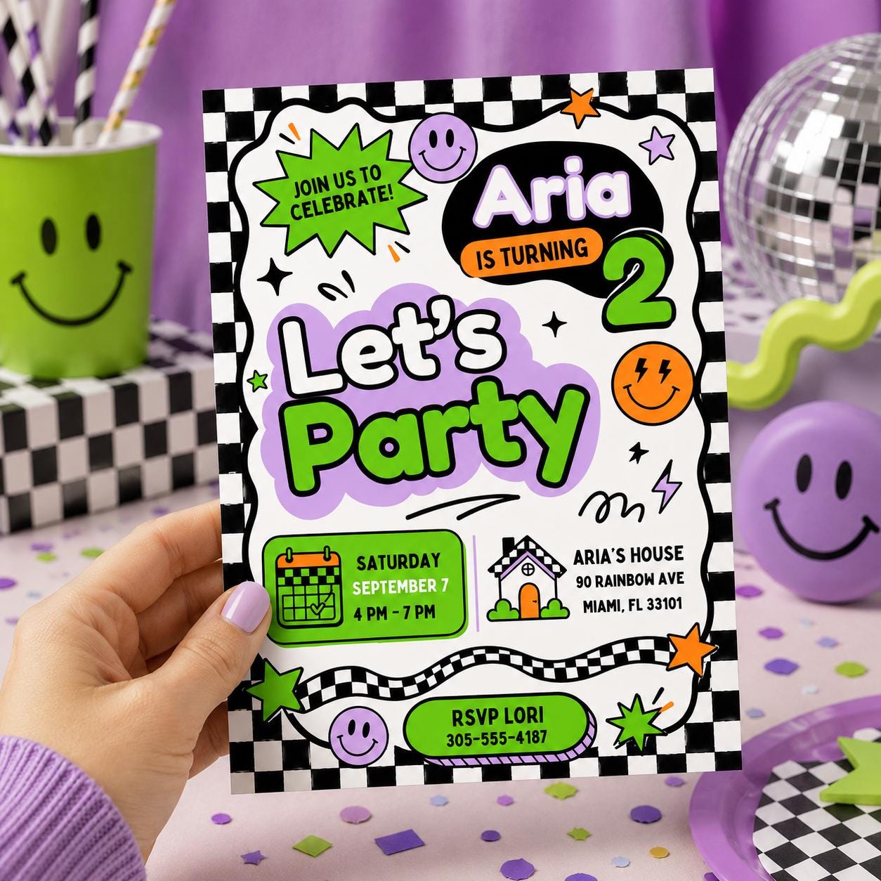 Let's Party Invitation, Bright and Cheerful Party, Pastel Girl Birthday invite, Simple Colorful Birthday Invite, Editable Canva Template __etsy:8030589896