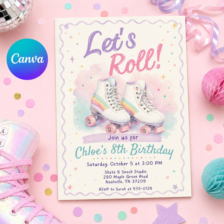 Rainbow Retro Lets Roll 8th Birthday Invitation for Girls