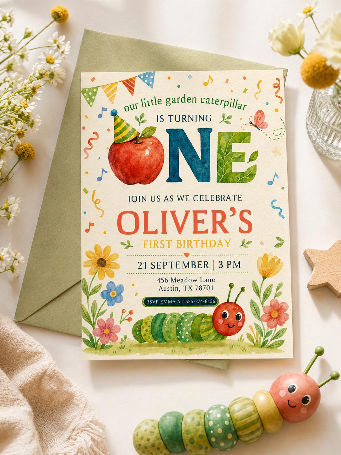 Little Caterpillar First Birthday Invitation, Garden Bug Birthday Invite, ONE Birthday Invite, Editable Canva Template, Printable Invitation __etsy:7970147052