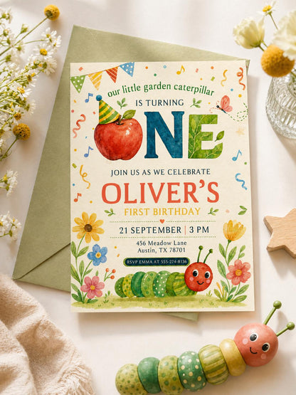 Little Caterpillar First Birthday Invitation, Garden Bug Birthday Invite, ONE Birthday Invite, Editable Canva Template, Printable Invitation __etsy:7970147052