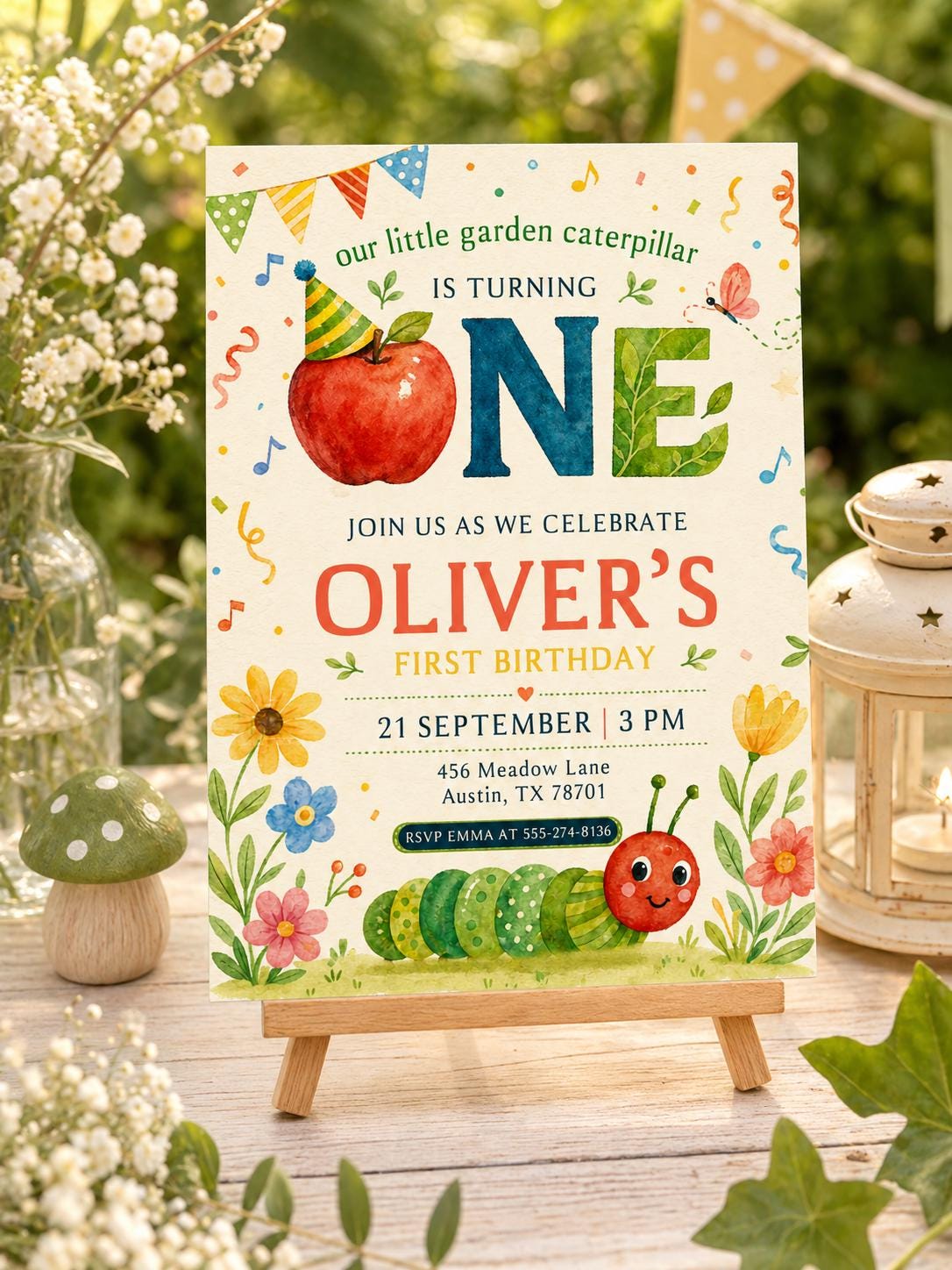 Little Caterpillar First Birthday Invitation, Garden Bug Birthday Invite, ONE Birthday Invite, Editable Canva Template, Printable Invitation __etsy:8018097751
