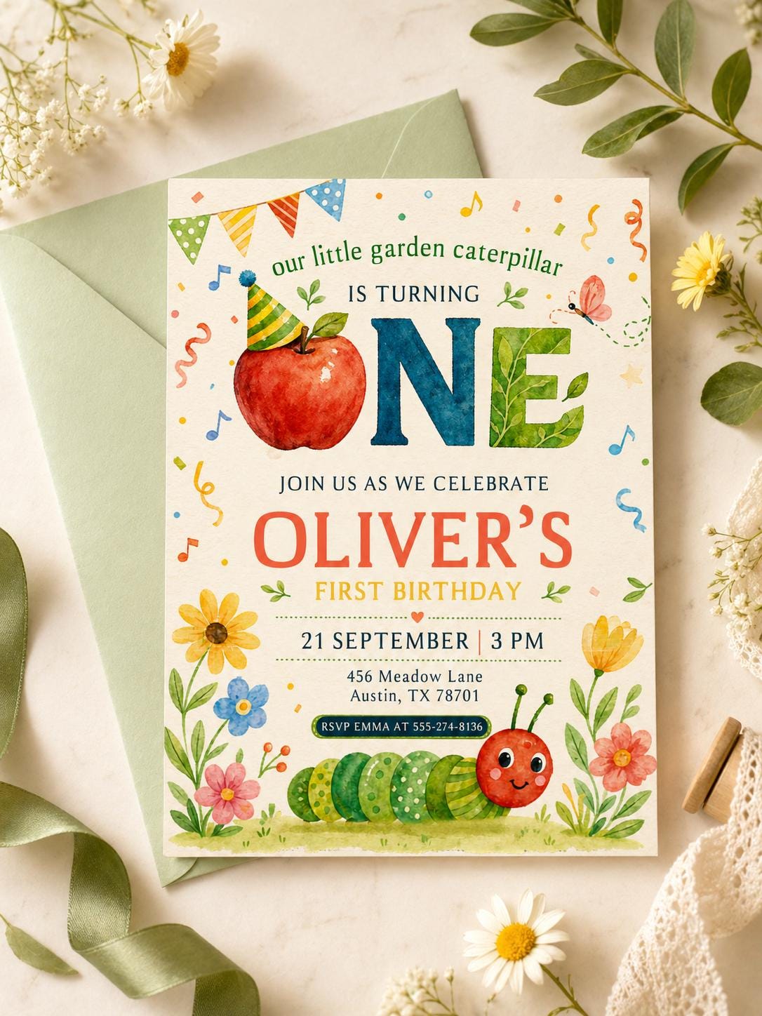 Little Caterpillar First Birthday Invitation, Garden Bug Birthday Invite, ONE Birthday Invite, Editable Canva Template, Printable Invitation __etsy:8018097755