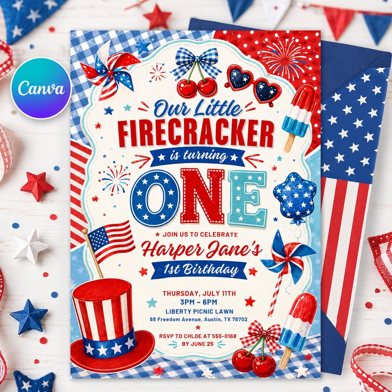 Little Firecracker 1st Birthday Invitation, Little Firecracker 1st Birthday Evite, Firecracker Birthday Mobile Invite, Canva Template __etsy:8056123332