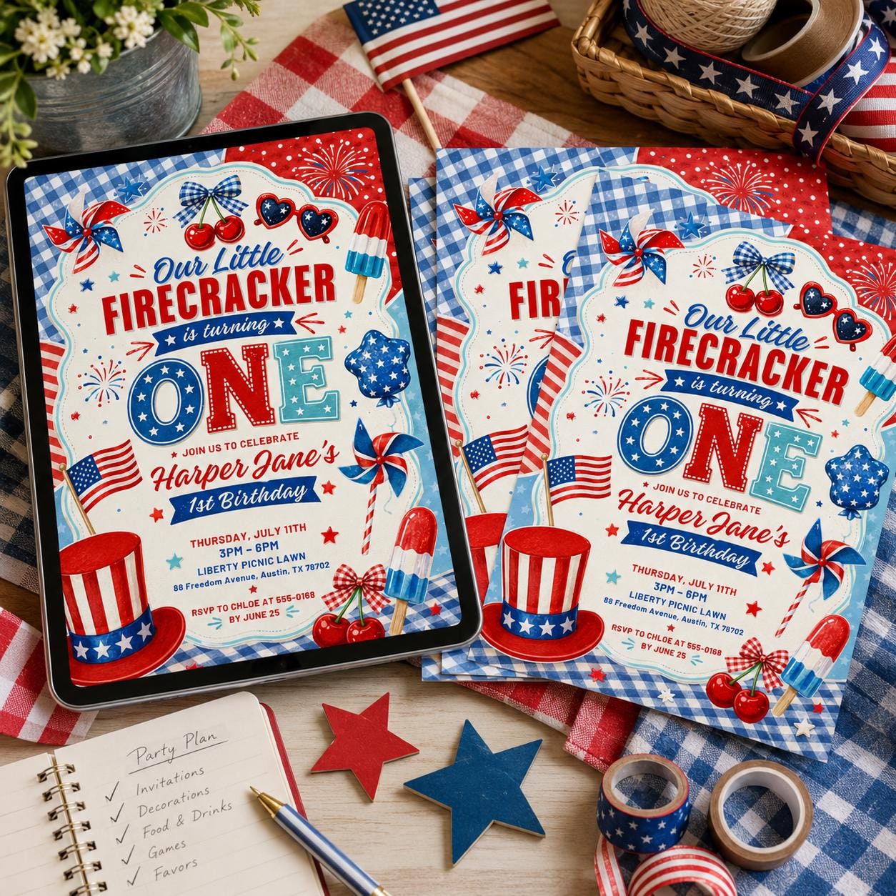 Little Firecracker 1st Birthday Invitation, Little Firecracker 1st Birthday Evite, Firecracker Birthday Mobile Invite, Canva Template __etsy:8104035071