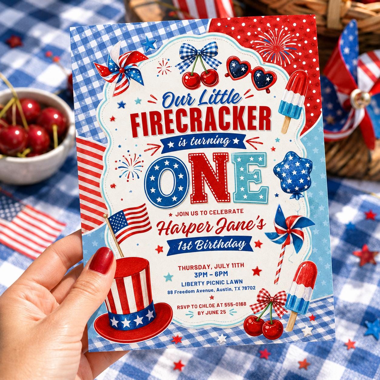 Little Firecracker 1st Birthday Invitation, Little Firecracker 1st Birthday Evite, Firecracker Birthday Mobile Invite, Canva Template __etsy:8056123336