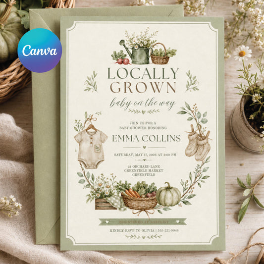 Locally Grown Baby Shower Invitation, Farmers Market Baby Shower Invite, Homegrown, aby Sprinkle, Gender Reveal Invitations, Farmers Market __etsy:8059961065