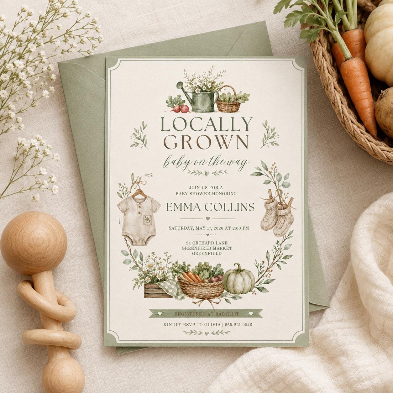 Locally Grown Baby Shower Invitation, Farmers Market Baby Shower Invite, Homegrown, aby Sprinkle, Gender Reveal Invitations, Farmers Market __etsy:8059936689