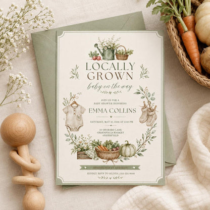 Locally Grown Baby Shower Invitation, Farmers Market Baby Shower Invite, Homegrown, aby Sprinkle, Gender Reveal Invitations, Farmers Market __etsy:8059936689