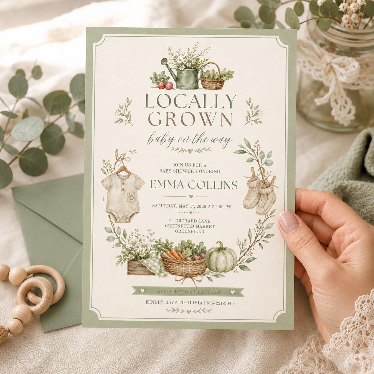 Locally Grown Baby Shower Invitation, Farmers Market Baby Shower Invite, Homegrown, aby Sprinkle, Gender Reveal Invitations, Farmers Market __etsy:8012024432