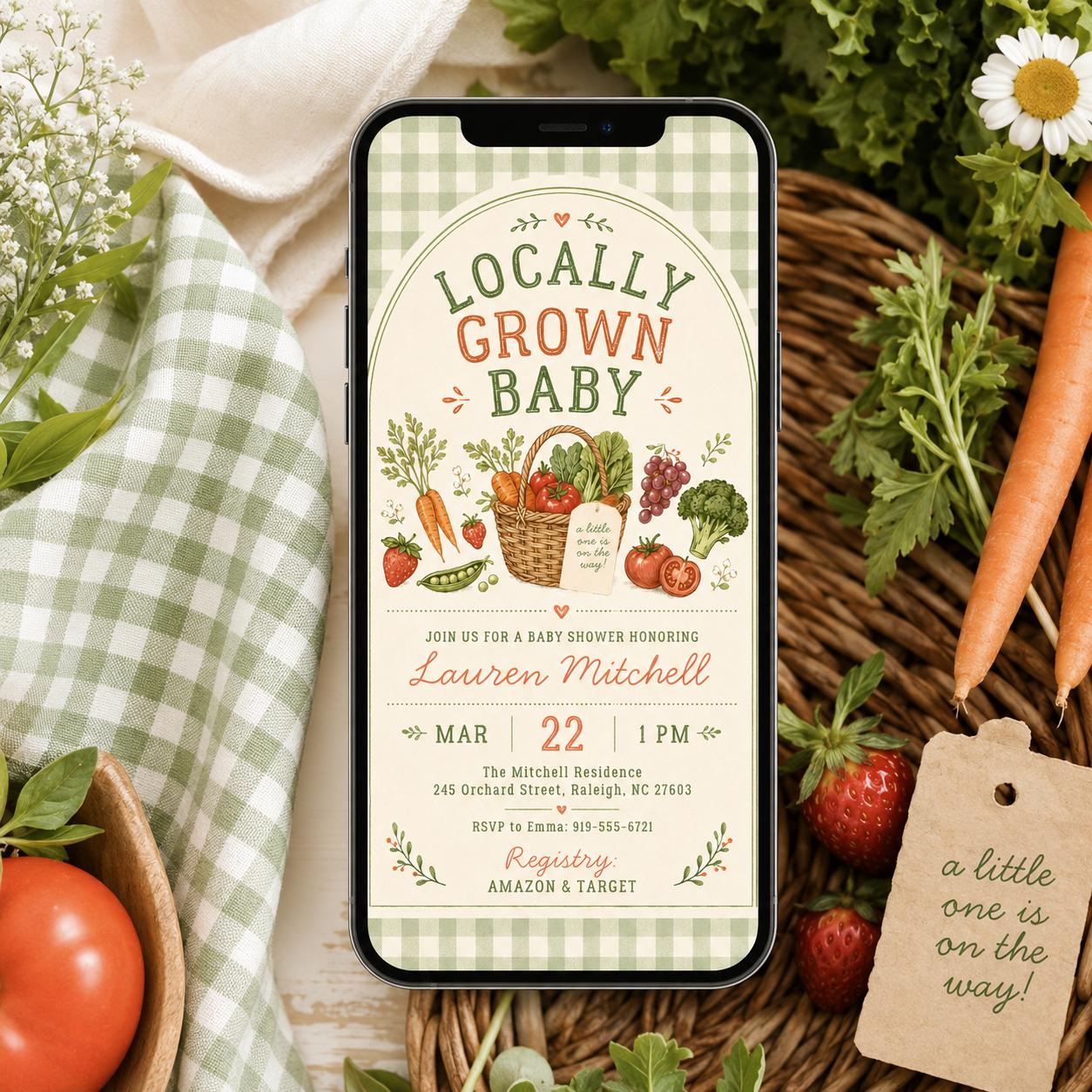 Locally Grown Baby Shower Invitation, Farmers Market Baby Shower Invite, Homegrown, aby Sprinkle, Gender Reveal Invitations, Farmers Market __etsy:8018791744