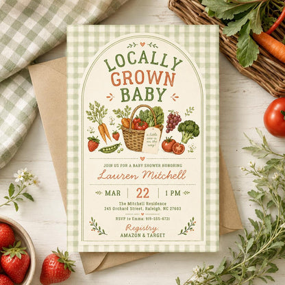 Locally Grown Baby Shower Invitation, Farmers Market Baby Shower Invite, Homegrown, aby Sprinkle, Gender Reveal Invitations, Farmers Market __etsy:8018791754