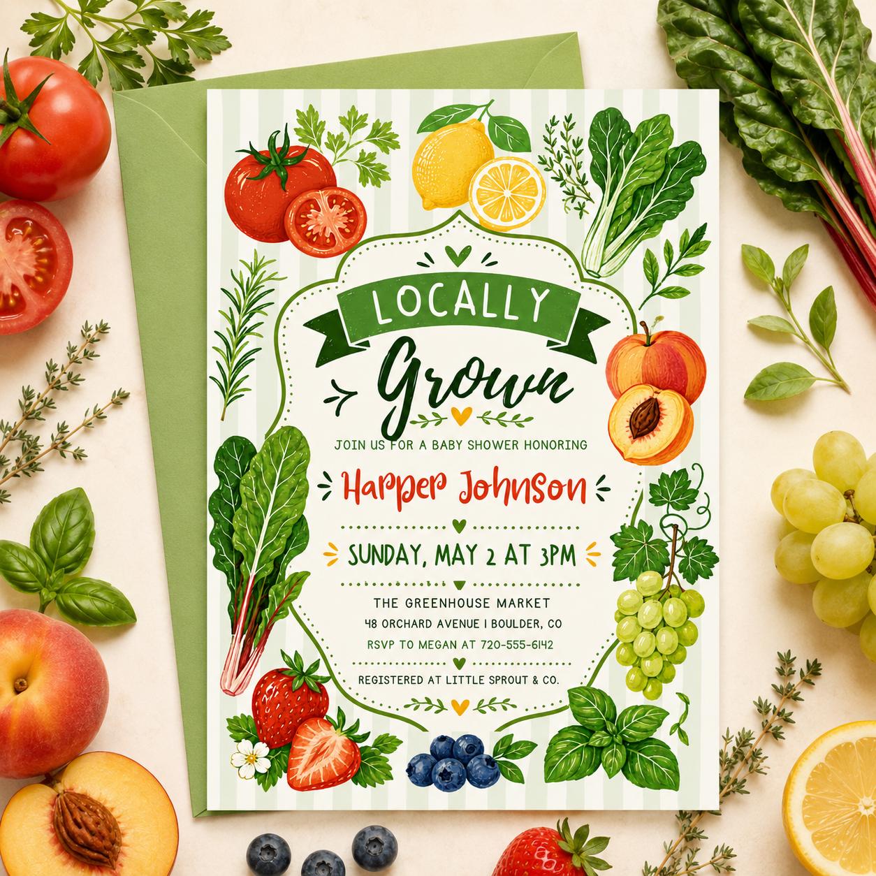 Locally Grown Baby Shower Invitation , Farmers Market, Gender Neutral Theme , Editable Canva Template __etsy:8038847718