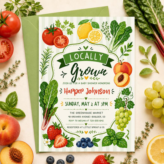Locally Grown Baby Shower Invitation , Farmers Market, Gender Neutral Theme , Editable Canva Template __etsy:8038847718