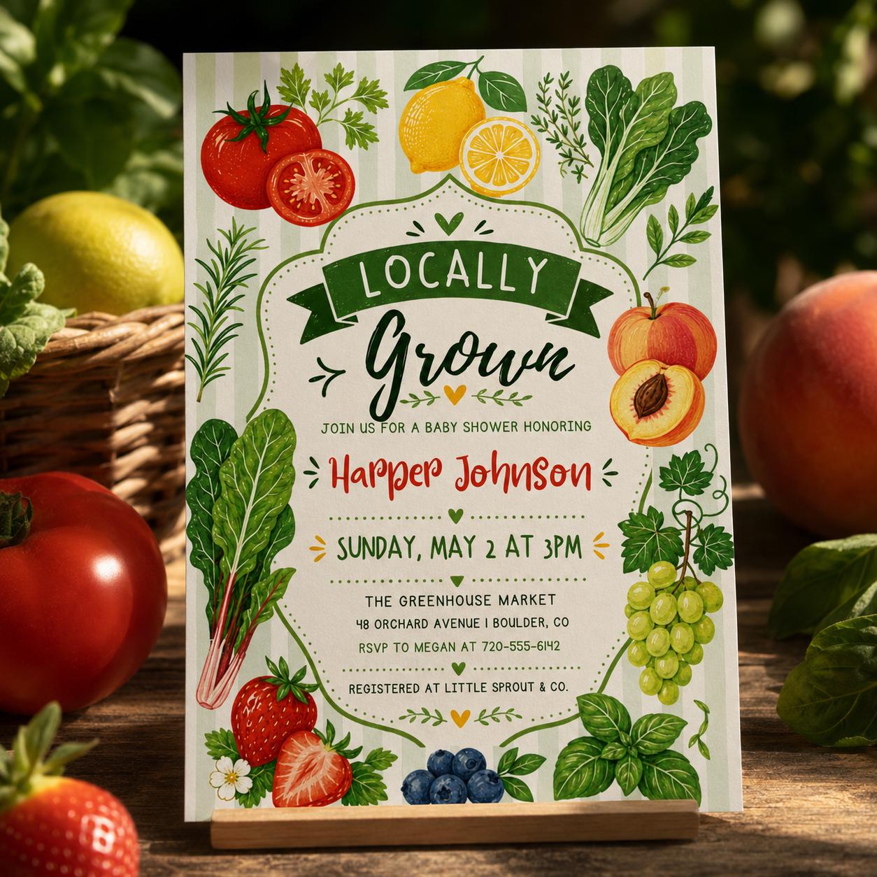 Locally Grown Baby Shower Invitation , Farmers Market, Gender Neutral Theme , Editable Canva Template __etsy:8086761165