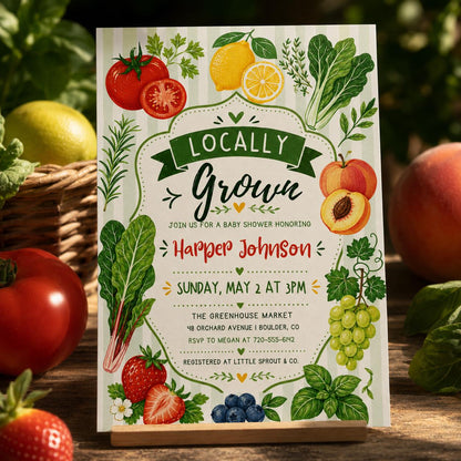 Locally Grown Baby Shower Invitation , Farmers Market, Gender Neutral Theme , Editable Canva Template __etsy:8086761165