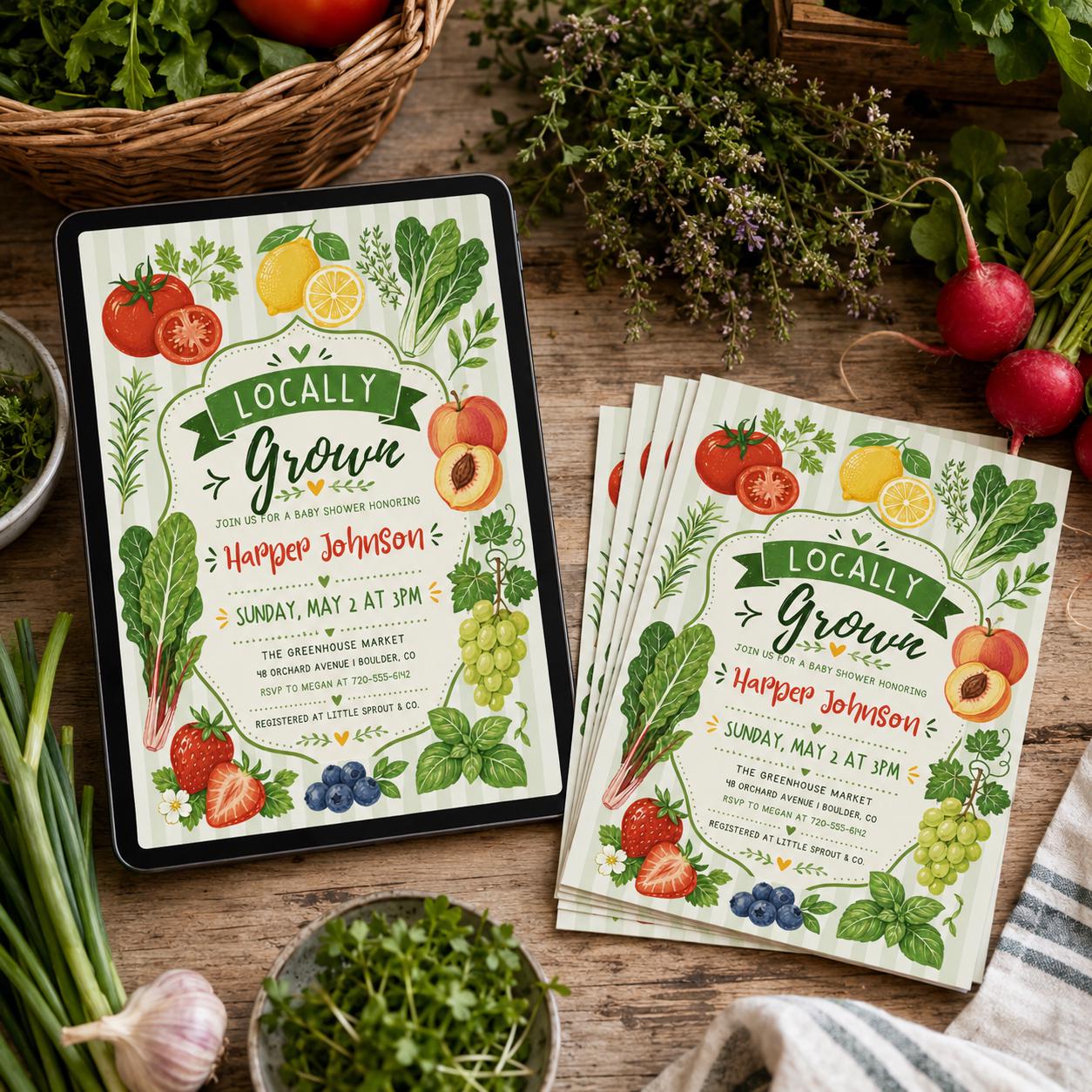 Locally Grown Baby Shower Invitation , Farmers Market, Gender Neutral Theme , Editable Canva Template __etsy:8038847724