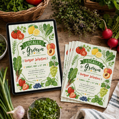 Locally Grown Baby Shower Invitation , Farmers Market, Gender Neutral Theme , Editable Canva Template __etsy:8038847724