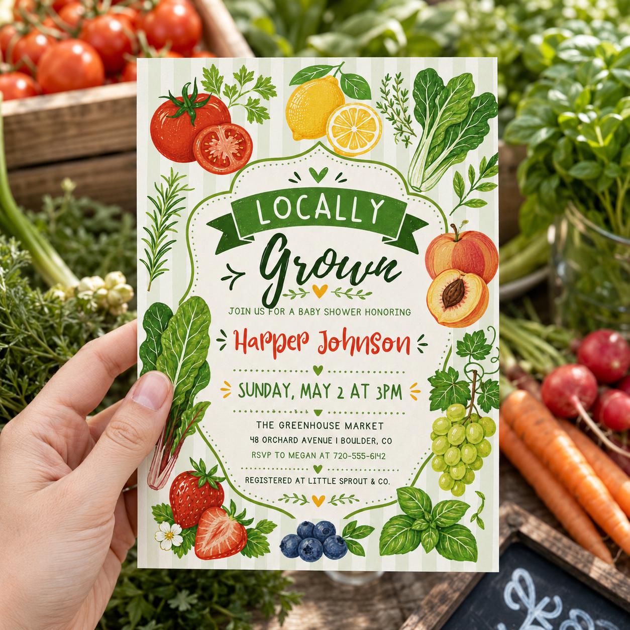 Locally Grown Baby Shower Invitation , Farmers Market, Gender Neutral Theme , Editable Canva Template __etsy:8086761179
