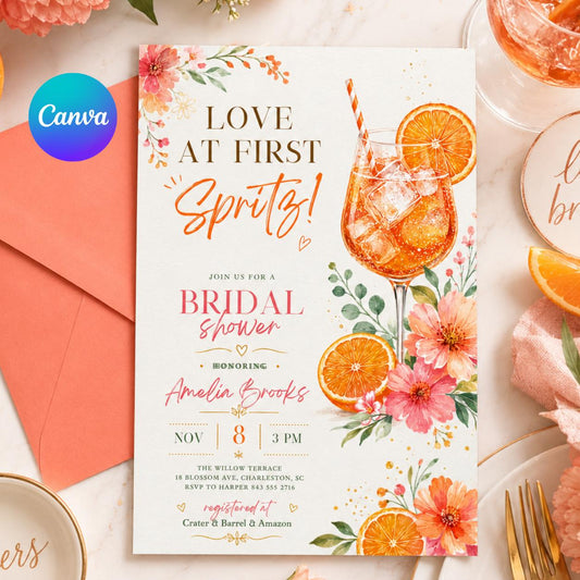 Love at First Spritz Bridal Shower Invitation, Aperol Spritz Bridal Shower Invite, Citrus Bridal Brunch, Orange Bridal Shower Bright Florals __etsy:8004419212