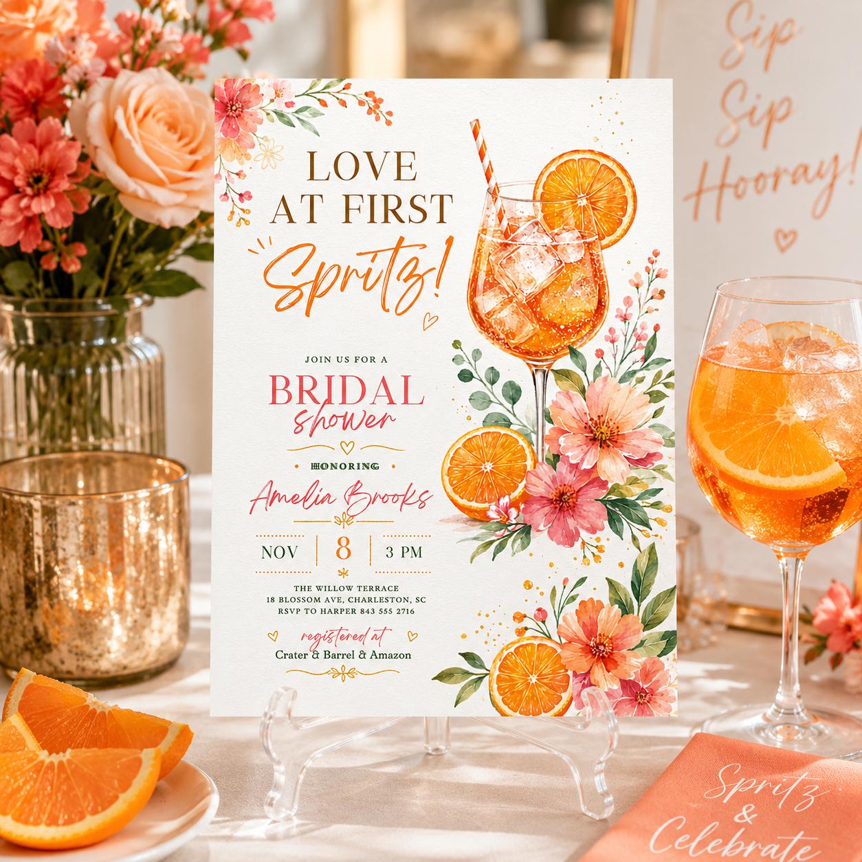 Love at First Spritz Bridal Shower Invitation, Aperol Spritz Bridal Shower Invite, Citrus Bridal Brunch, Orange Bridal Shower Bright Florals __etsy:8052333737