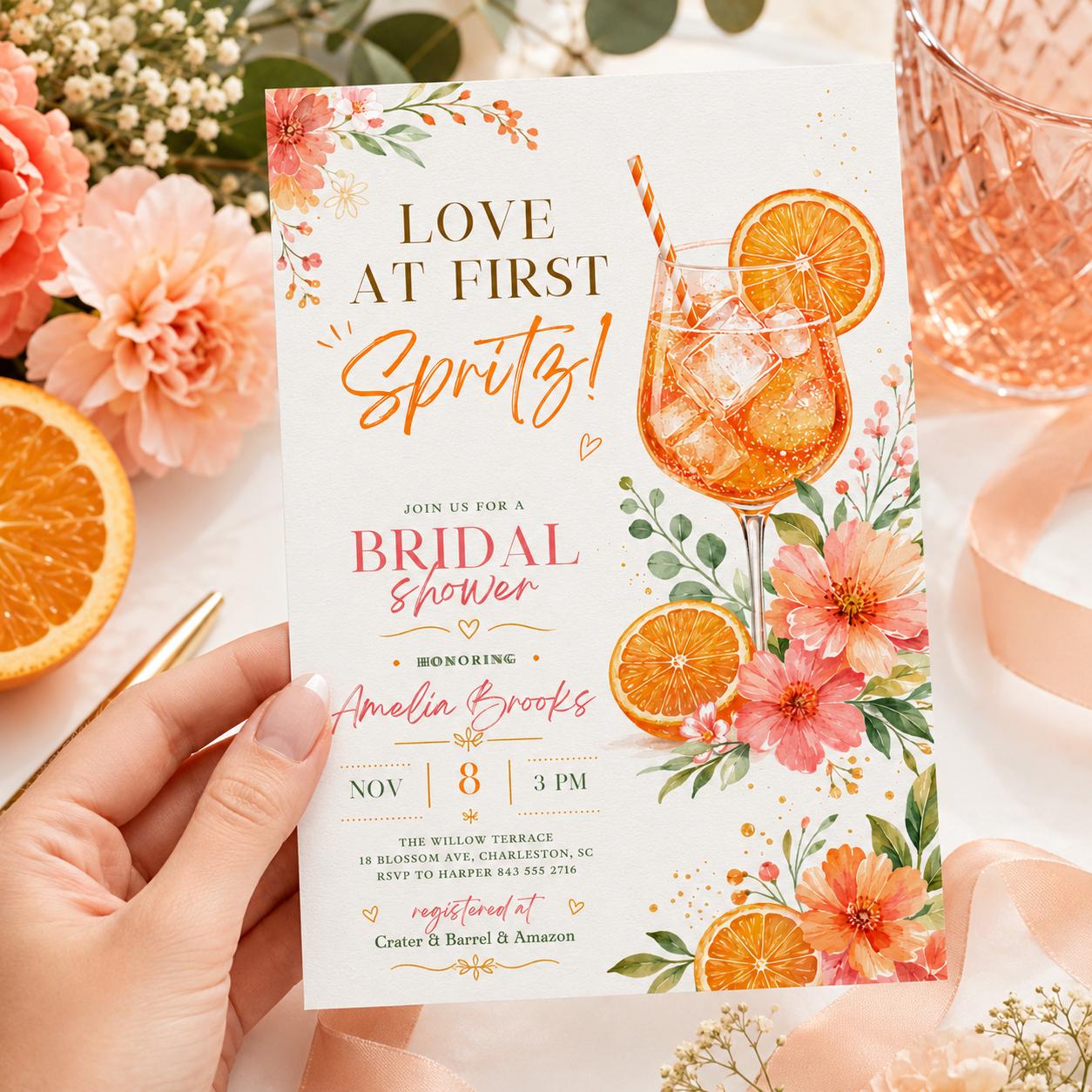Love at First Spritz Bridal Shower Invitation, Aperol Spritz Bridal Shower Invite, Citrus Bridal Brunch, Orange Bridal Shower Bright Florals __etsy:8052333735