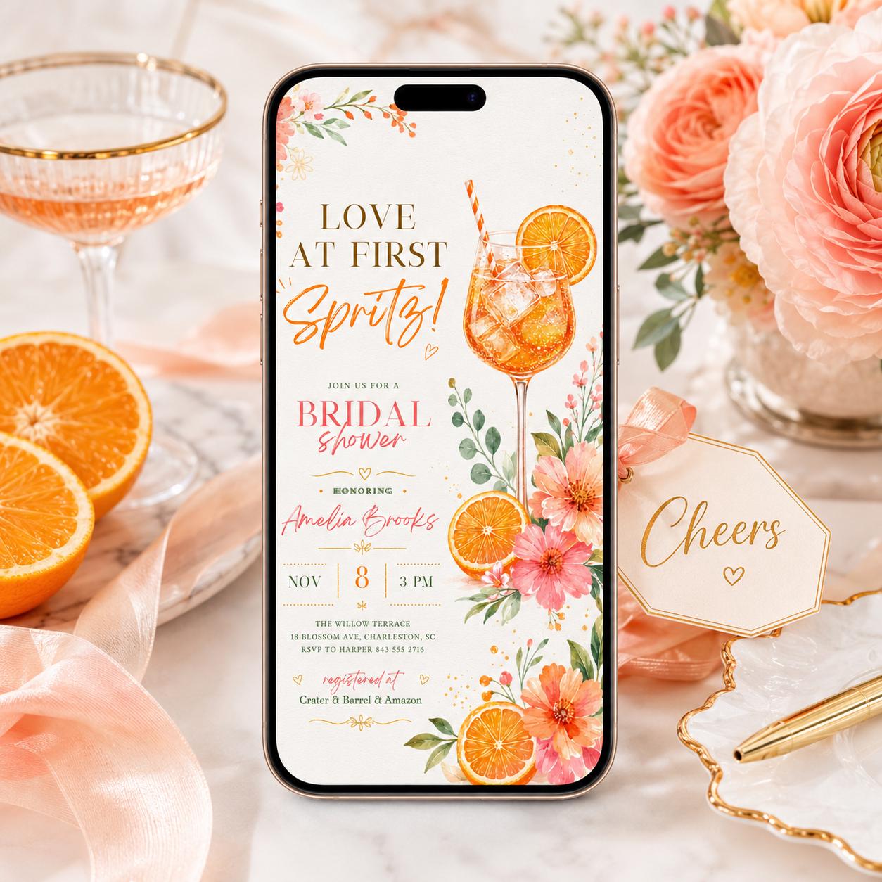 Love at First Spritz Bridal Shower Invitation, Aperol Spritz Bridal Shower Invite, Citrus Bridal Brunch, Orange Bridal Shower Bright Florals __etsy:8052333705