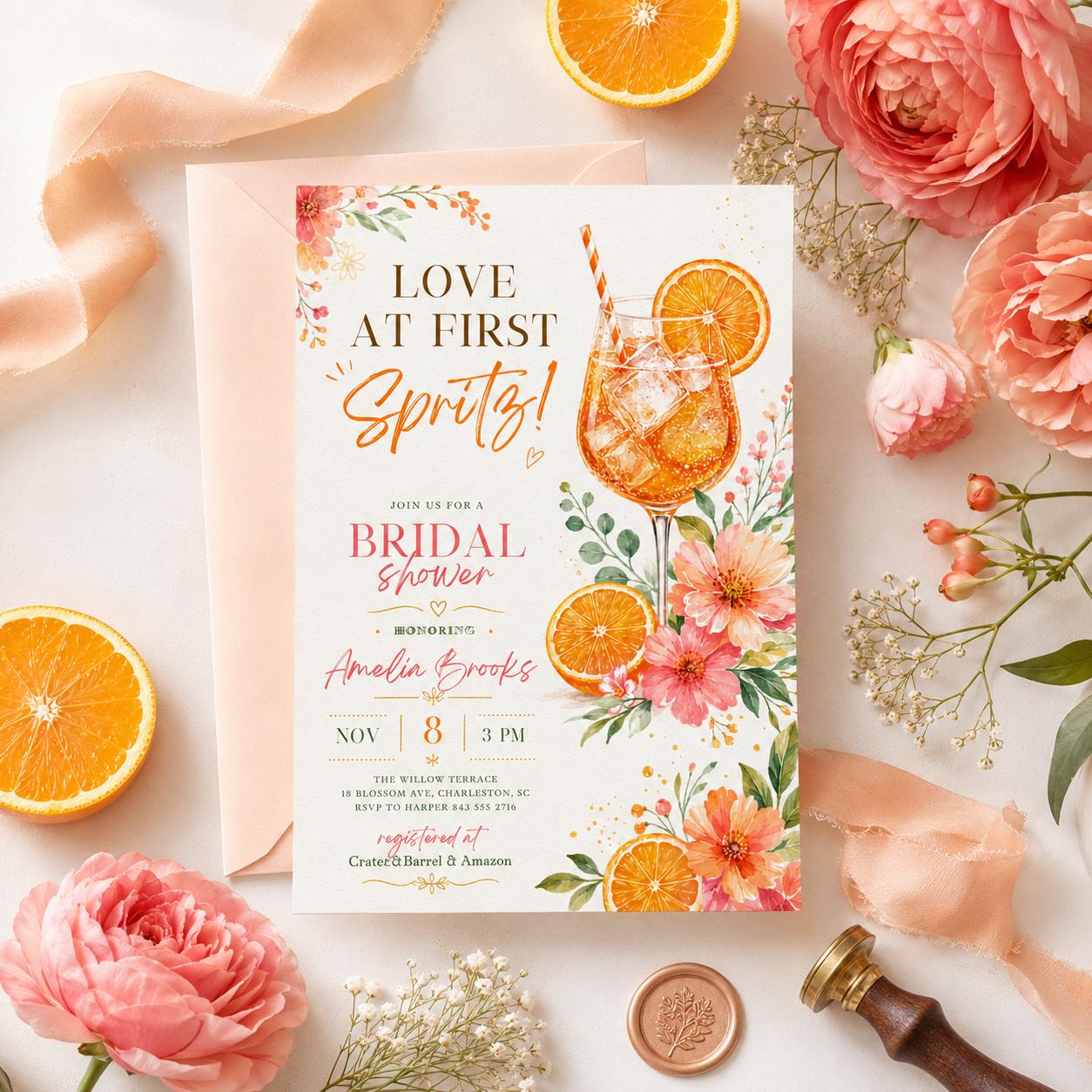 Love at First Spritz Bridal Shower Invitation, Aperol Spritz Bridal Shower Invite, Citrus Bridal Brunch, Orange Bridal Shower Bright Florals __etsy:8004411354