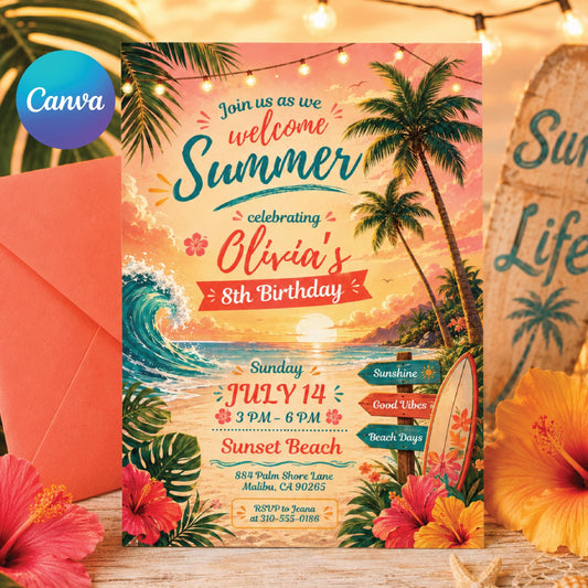 Luau Birthday Invitation Tropical Birthday Invite AnyAge Girl Aloha Summer Party Hawaiian Tiki Pink Floral Hibiscus, Aloha Summer Pool Party __etsy:8060645943