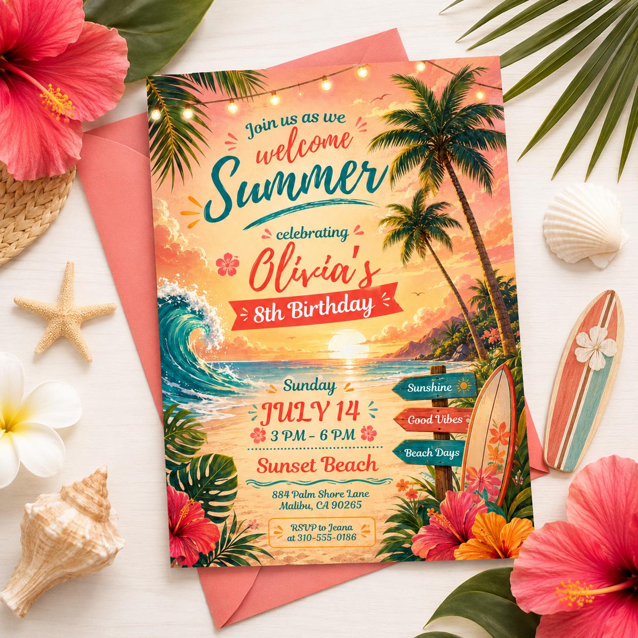 Luau Birthday Invitation Tropical Birthday Invite AnyAge Girl Aloha Summer Party Hawaiian Tiki Pink Floral Hibiscus, Aloha Summer Pool Party __etsy:8012726022