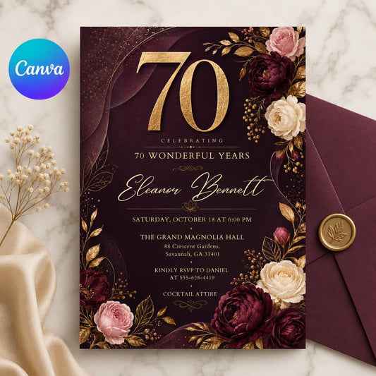 Luxury Floral 70th Birthday Invitation, Surprise Birthday Invitation Surprise Party Invitations Shhh its a Surprise Invite, Canva Template __etsy:8107190271