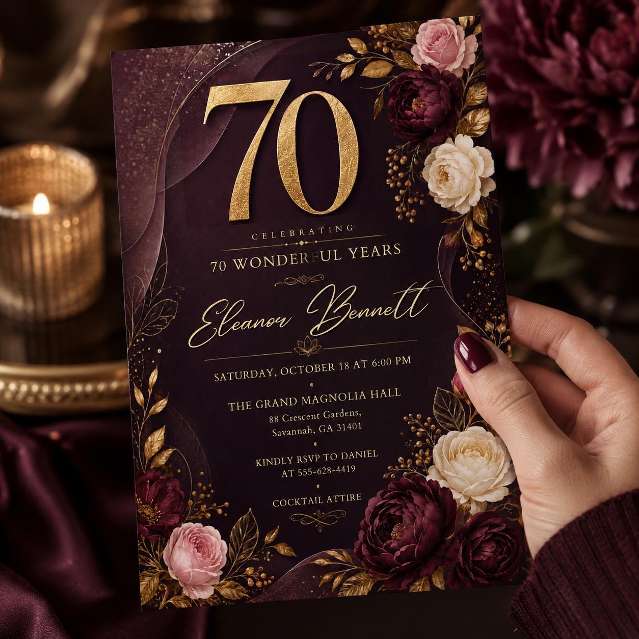 Luxury Floral 70th Birthday Invitation, Surprise Birthday Invitation Surprise Party Invitations Shhh its a Surprise Invite, Canva Template __etsy:8107190263