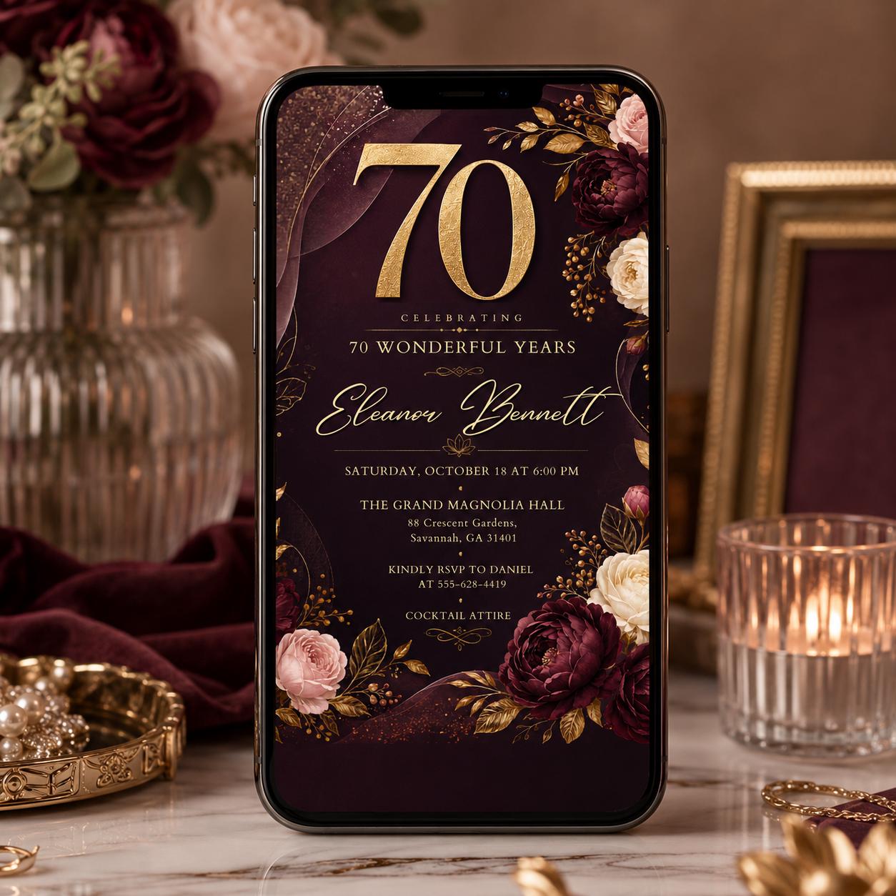 Luxury Floral 70th Birthday Invitation, Surprise Birthday Invitation Surprise Party Invitations Shhh its a Surprise Invite, Canva Template __etsy:8059277146