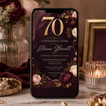 Luxury Floral 70th Birthday Invitation, Surprise Birthday Invitation Surprise Party Invitations Shhh its a Surprise Invite, Canva Template __etsy:8059277146