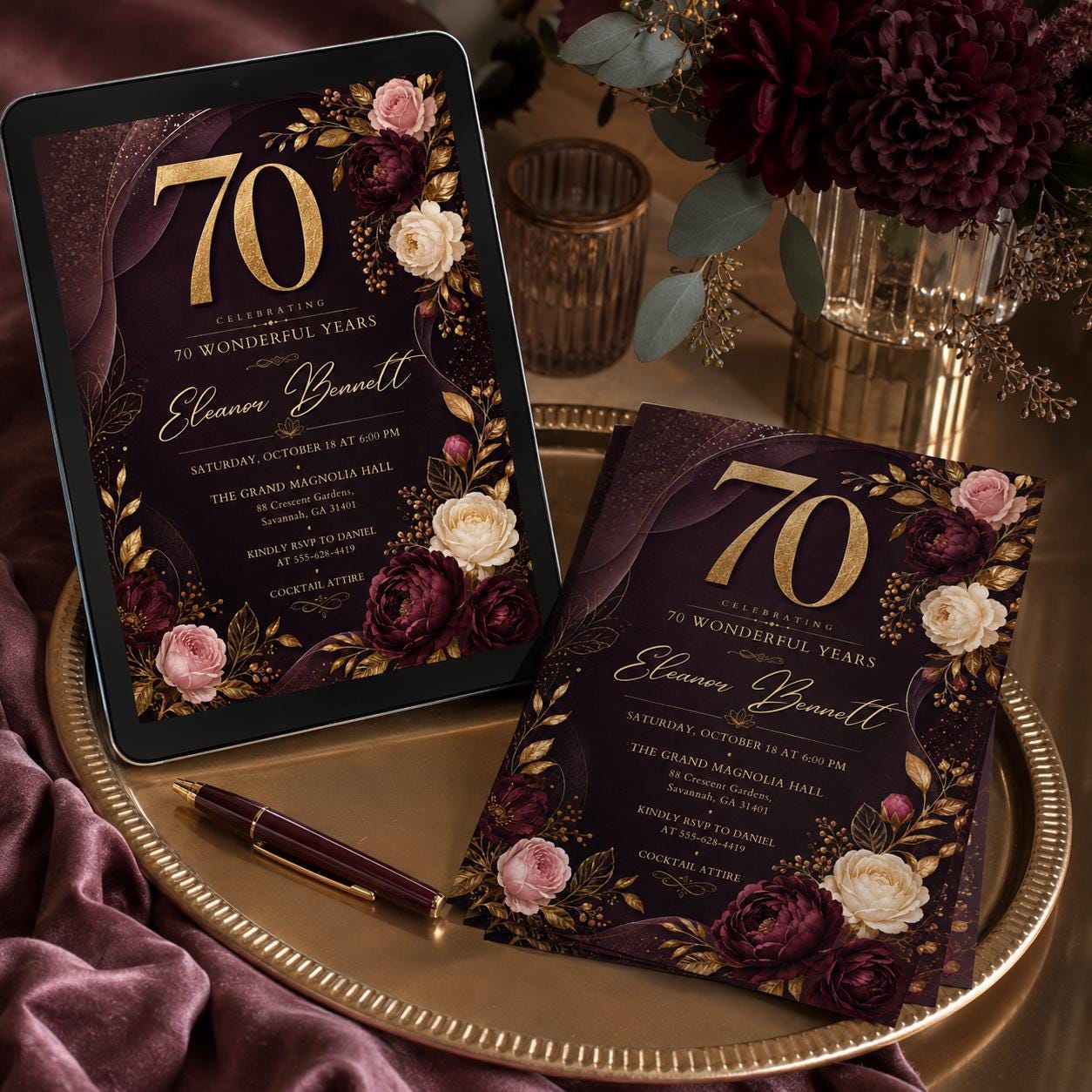 Luxury Floral 70th Birthday Invitation, Surprise Birthday Invitation Surprise Party Invitations Shhh its a Surprise Invite, Canva Template __etsy:8107190281