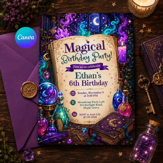 Magical Birthday Invitation Template, Magical Potion Birthday invite, Editable Wizard Party Invite, Science Magic, Witches Invite, Canva __etsy:8110991079