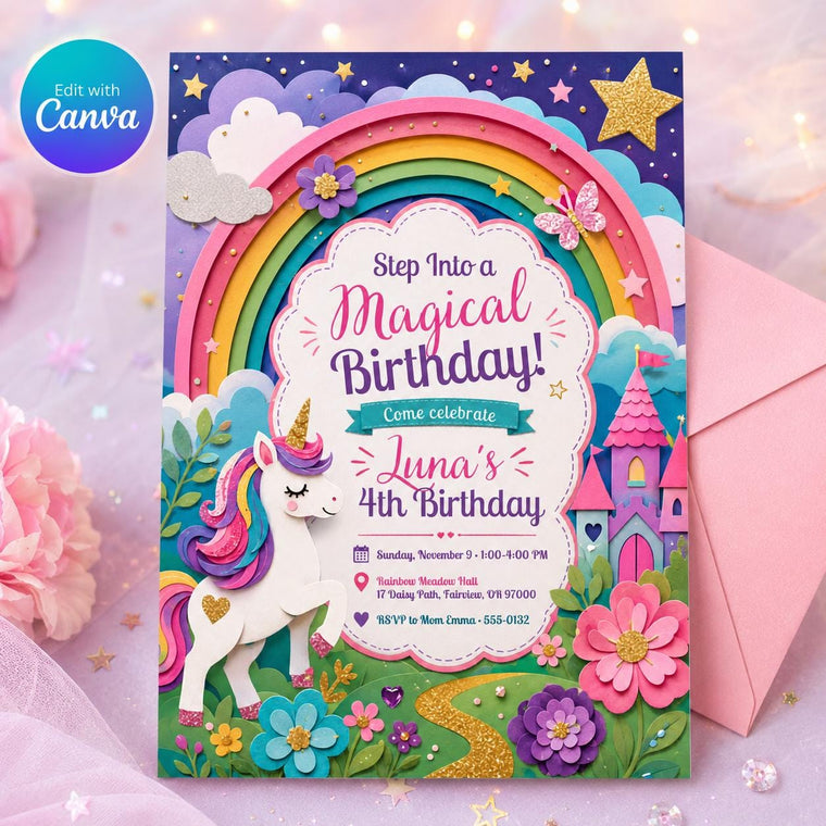 Colorful Pastel Magical Rainbow Party Invitation