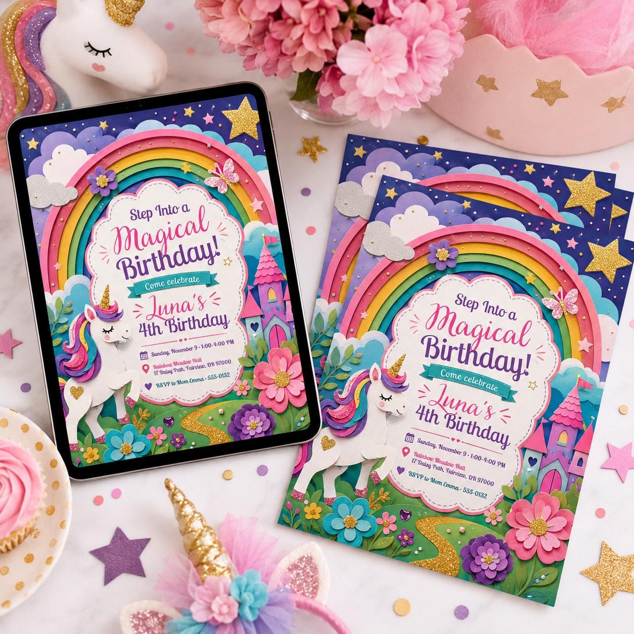 Magical Rainbow Party Invite , Unicorn Birthday Invitation , Girl Party Invite, Colorful Party Invite , Editable Canva Template __etsy:8064343402
