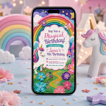 Magical Rainbow Party Invite , Unicorn Birthday Invitation , Girl Party Invite, Colorful Party Invite , Editable Canva Template __etsy:8064343390