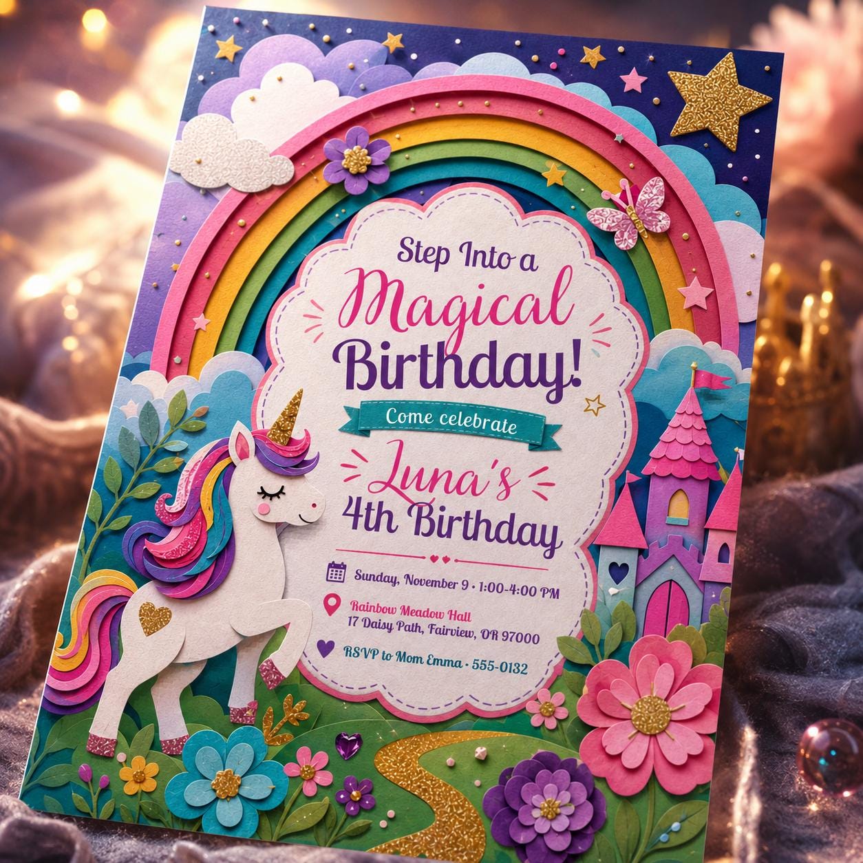 Magical Rainbow Party Invite , Unicorn Birthday Invitation , Girl Party Invite, Colorful Party Invite , Editable Canva Template __etsy:8064343426