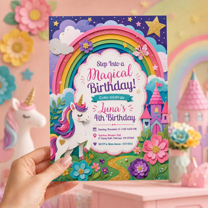 Magical Rainbow Party Invite , Unicorn Birthday Invitation , Girl Party Invite, Colorful Party Invite , Editable Canva Template __etsy:8112260795