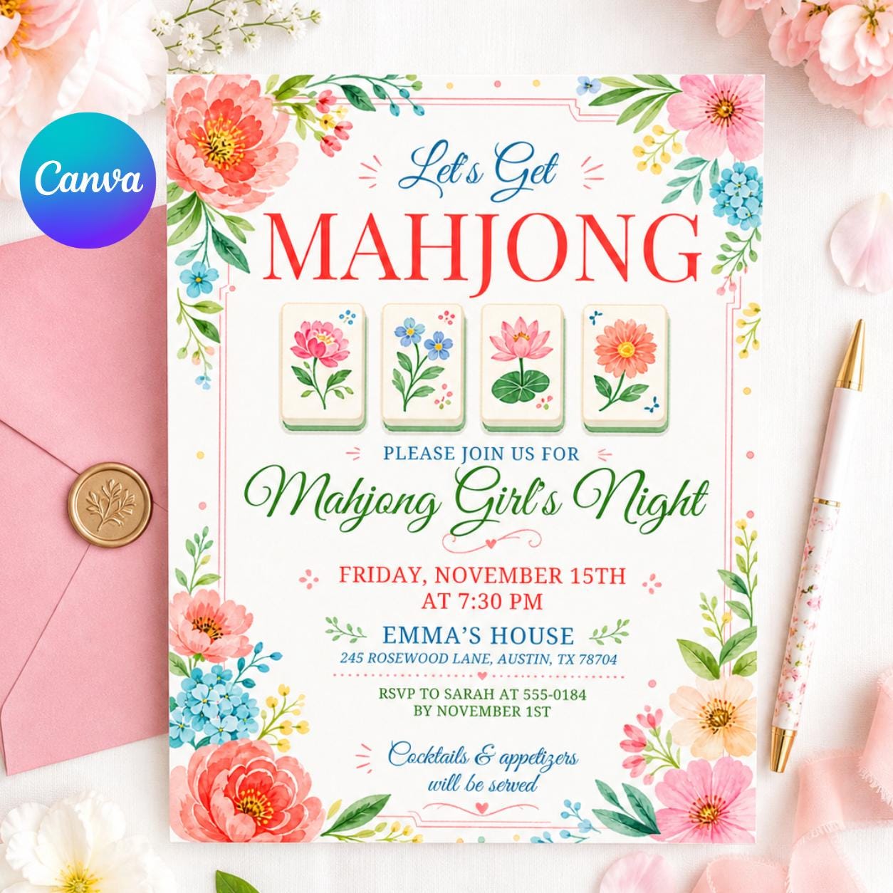 Mahjong Girls Game Night Template, Mahj Party Invite, Mahjong & Mingle, Hand Painted Watercolor, Pink and Green Stripes, Canva template __etsy:7988041642