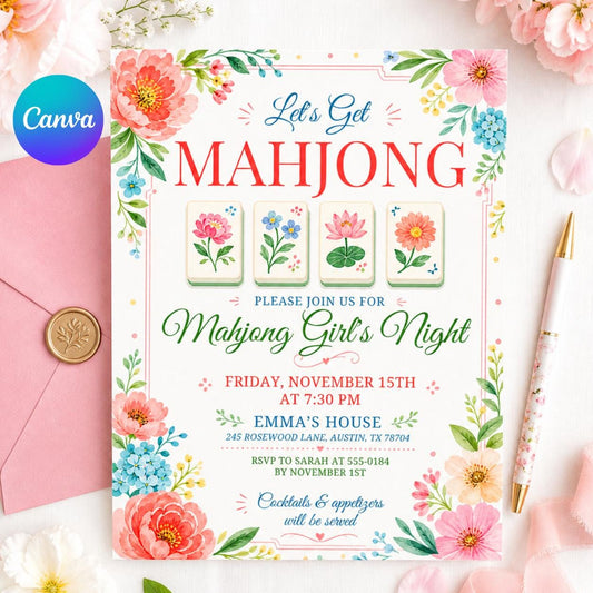 Mahjong Girls Game Night Template, Mahj Party Invite, Mahjong & Mingle, Hand Painted Watercolor, Pink and Green Stripes, Canva template __etsy:7988041642