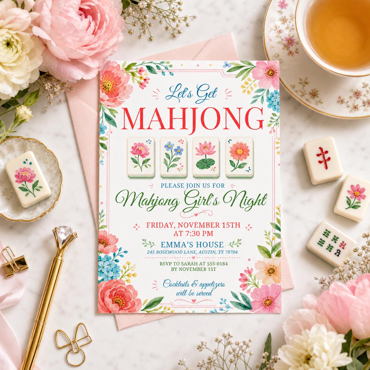 Mahjong Girls Game Night Template, Mahj Party Invite, Mahjong & Mingle, Hand Painted Watercolor, Pink and Green Stripes, Canva template __etsy:8031977109