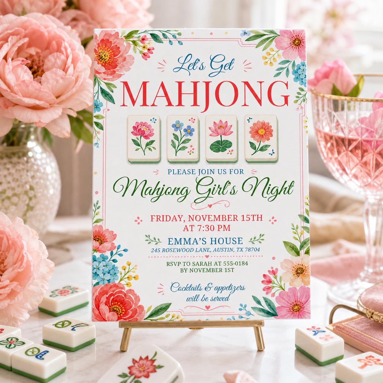 Mahjong Girls Game Night Template, Mahj Party Invite, Mahjong & Mingle, Hand Painted Watercolor, Pink and Green Stripes, Canva template __etsy:8031977111