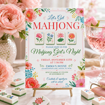 Mahjong Girls Game Night Template, Mahj Party Invite, Mahjong & Mingle, Hand Painted Watercolor, Pink and Green Stripes, Canva template __etsy:8031977111