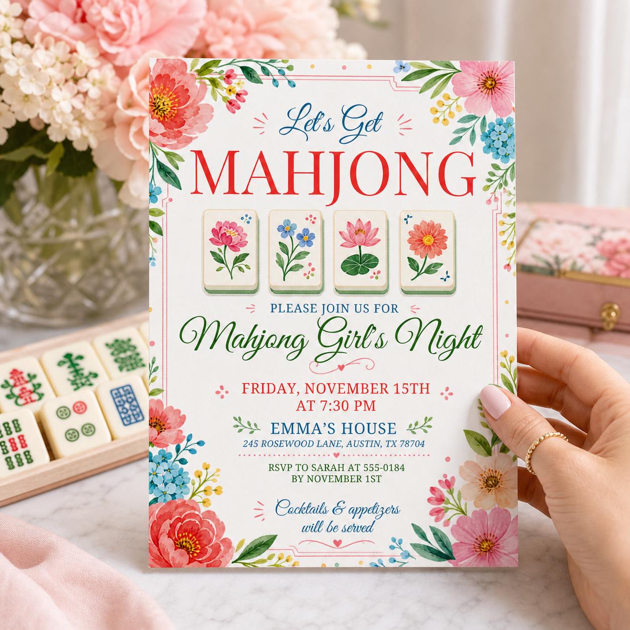Mahjong Girls Game Night Template, Mahj Party Invite, Mahjong & Mingle, Hand Painted Watercolor, Pink and Green Stripes, Canva template __etsy:7984032242
